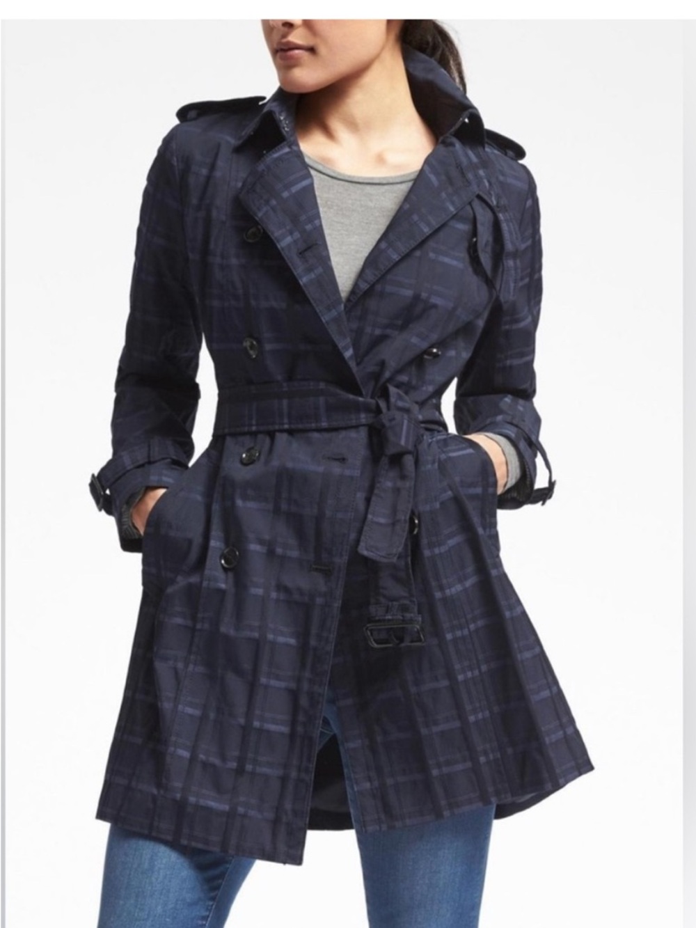Banana Republic Navy Plaid Trench Coat Size XS Belted Preppy
